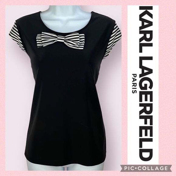 KARL LAGERFELD PARIS KNIT BOW CAP SLEEVE SCUBA BLOUSE SIZE Small - Picture 14 of 14